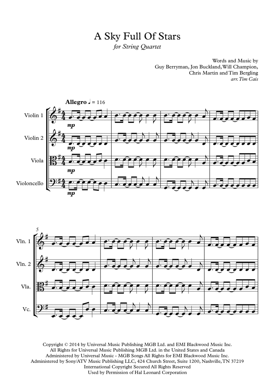 A Sky Full Of Stars A Sky Full Of Stars String Quartet scores gallery preview page 1