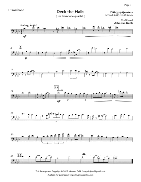 Trombone Quartets For Christmas Vol 2 - Part 1 - Bass Clef