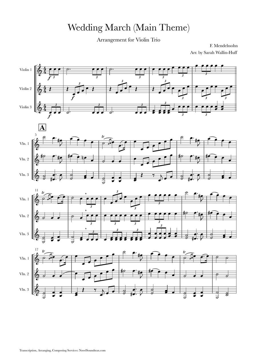 Mendelssohn Wedding March (Main Theme) for Three Violins Mendelssohn Wedding March (Main Theme) for Three Violins Violin Solo scores gallery preview page 1