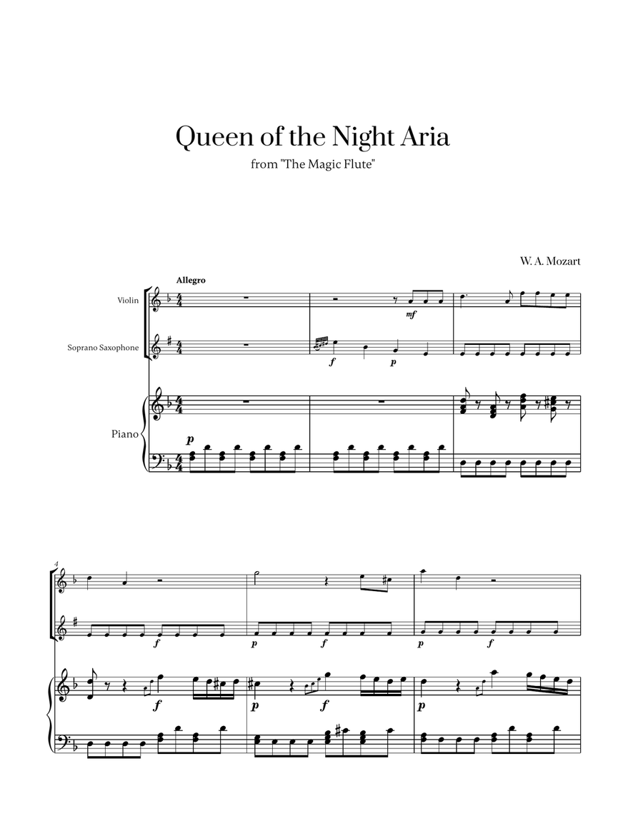 W. A. Mozart - Queen of the Night Aria (for Violin, Soprano Saxophone and Piano) Soprano Saxophone scores gallery preview page 1
