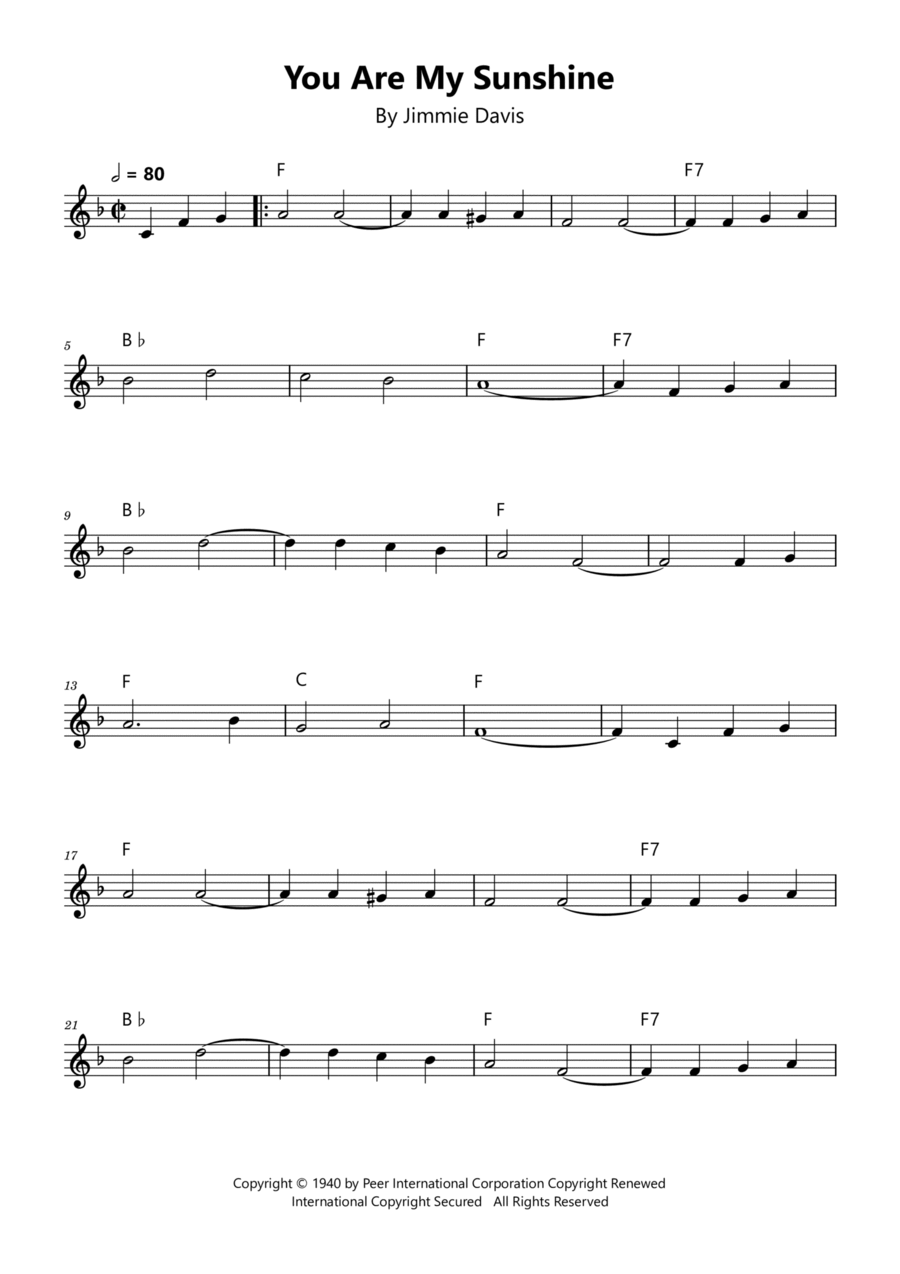 You Are My Sunshine Easy Piano scores gallery preview page 1