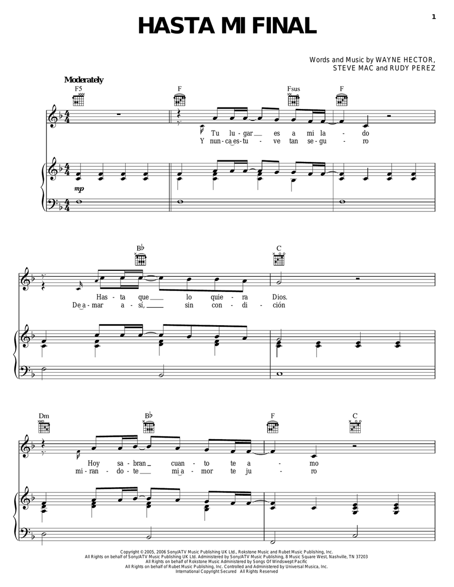 Hasta Mi Final Piano, Vocal, Guitar scores gallery preview page 1