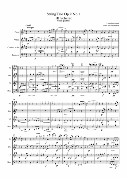 Beethoven: String Trio No.3 in G Op.9 No.1 Mvt.III Scherzo - woodwind quartet image number null