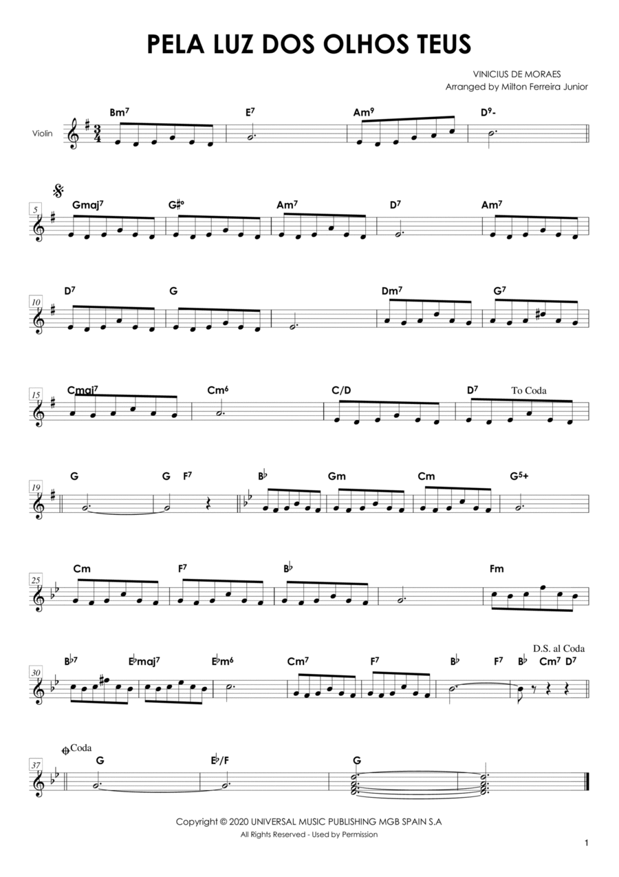 Pela Luz Dos Olhos Teus Pela Luz Dos Olhos Teus Violin Solo scores gallery preview page 1