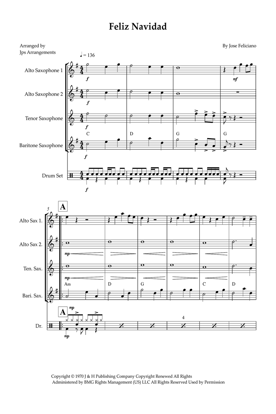 Feliz Navidad Feliz Navidad Saxophone Quartet scores gallery preview page 1