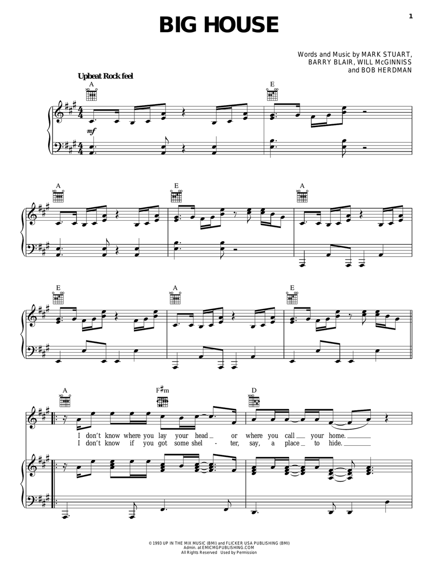 Big House Piano, Vocal, Guitar scores gallery preview page 1