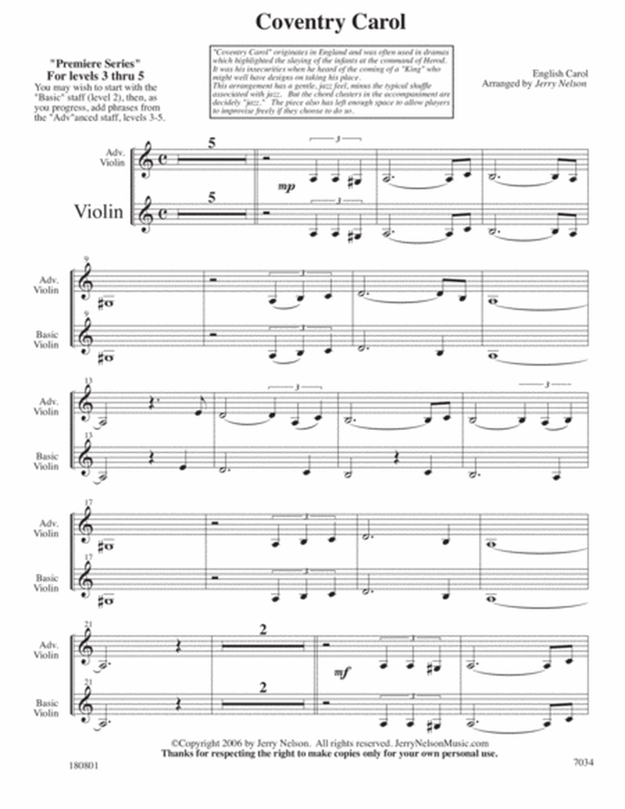 Coventry Carol (Arrangements Level 3-5 for VIOLIN + Written Acc) image number null