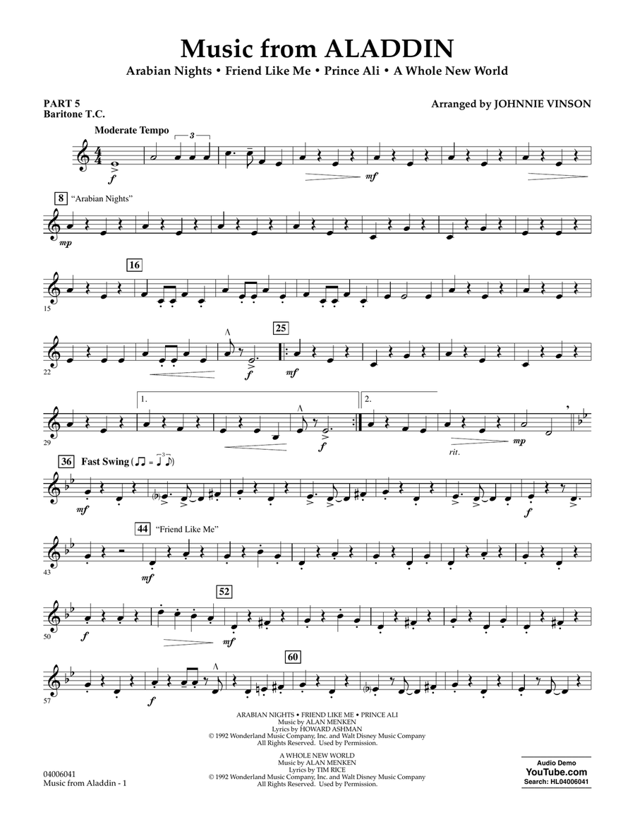 Music from Aladdin (arr. Johnnie Vinson) - Pt.5 - Baritone T.C. Concert Band scores gallery preview page 1