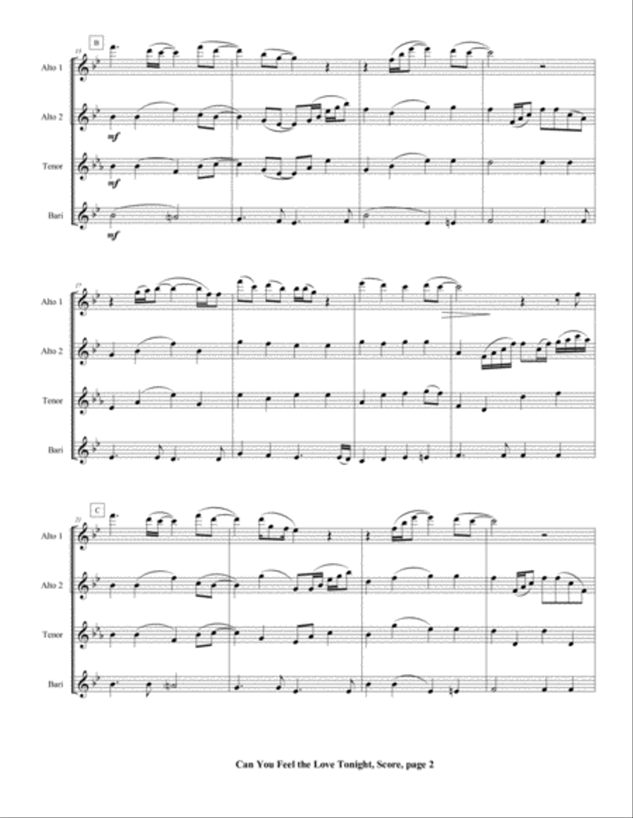 Can You Feel The Love Tonight Saxophone Quartet scores gallery preview page 6