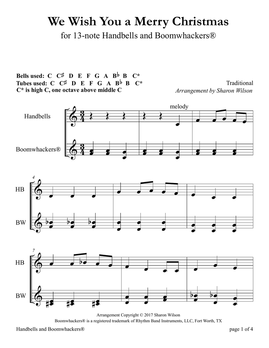 We Wish You a Merry Christmas (for 13-note Bells and Boomwhackers with Black and White Notes) Handbell Choir scores gallery preview page 6