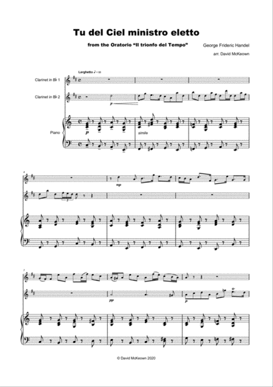 Tu del ciel ministro eletto, Aria by G F Handel, for Two Clarinets and Piano Clarinet Duet scores gallery preview page 2