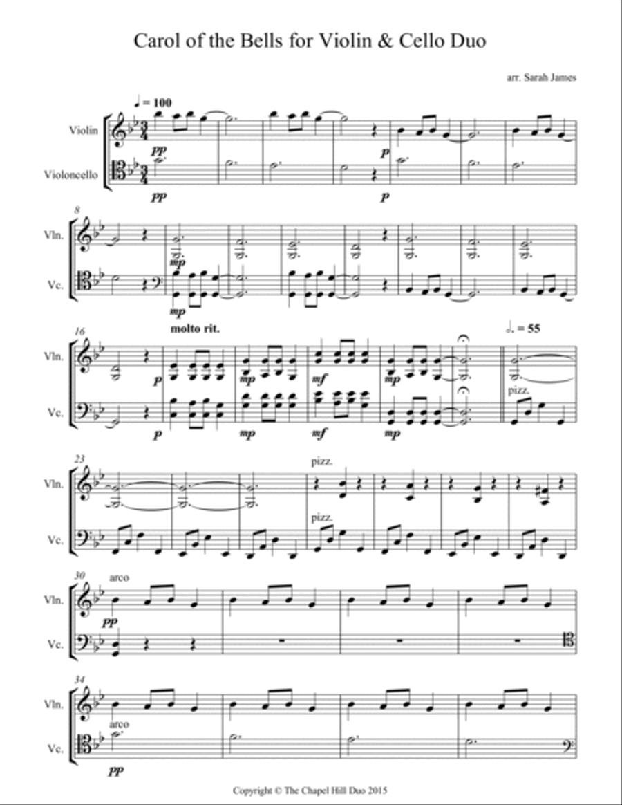 Carol of the Bells - Full Length Violin & Cello Arrangement by The Chapel Hill Duo String Duet scores gallery preview page 2