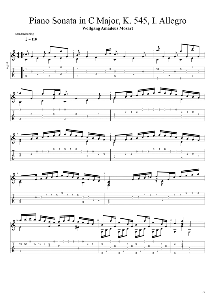 Piano Sonata No. 16 in C major, K. 545 Allegro (Wolfgang Amadeus Mozart) Acoustic Guitar scores gallery preview page 1