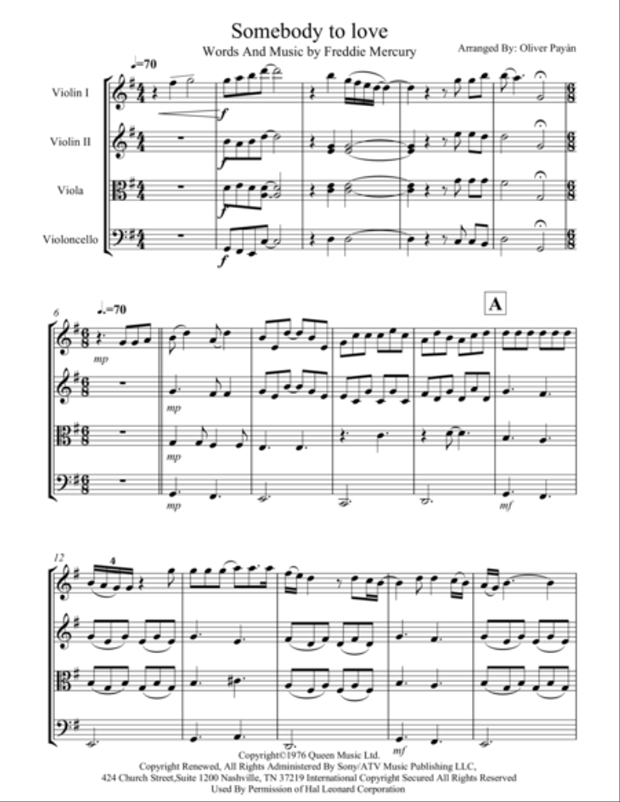 Somebody To Love String Quartet scores gallery preview page 1