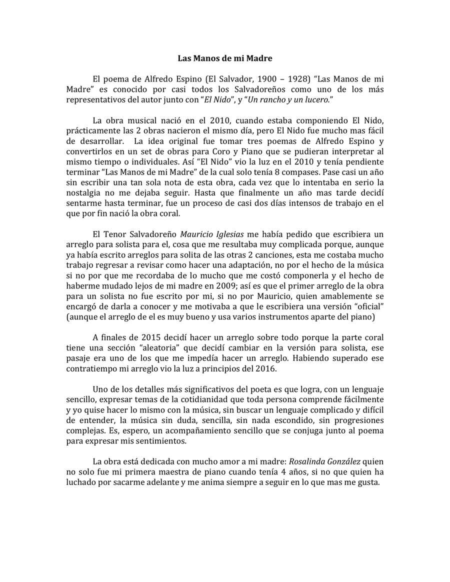 Las Manos de mi Madre (The hands of my mother) Piano, Vocal scores gallery preview page 2