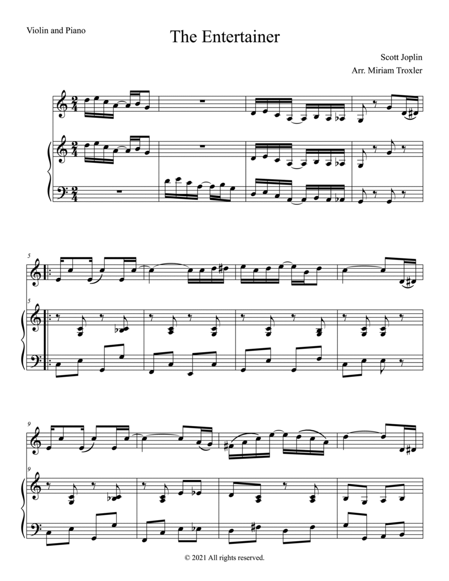 The Entertainer Duet for Violin and Piano Violin Solo scores gallery preview page 1