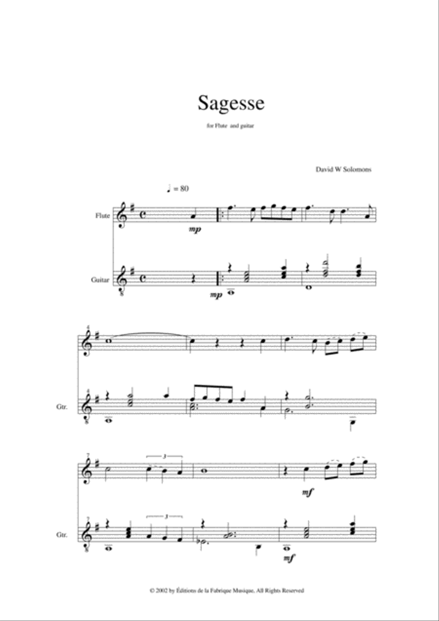 David Warin Solomons: Sagesse for flute and guitar Flute scores gallery preview page 2