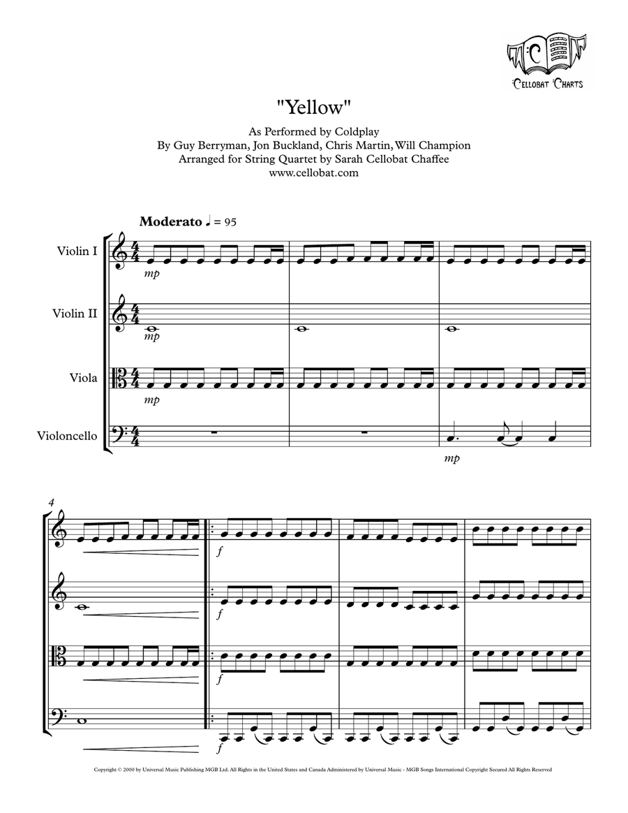 Yellow by Coldplay String Quartet - Digital Sheet Music