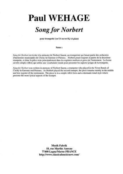 Paul Wehage: Song for Norbert for Bb or C trumpet and piano