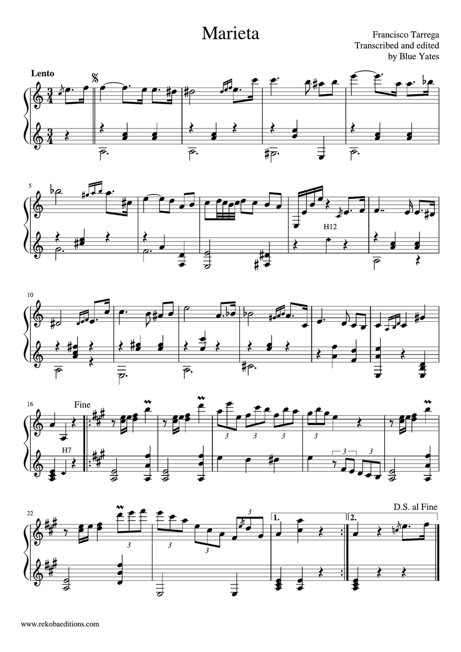 Marieta (Francisco Tarrega) Classical Guitar scores gallery preview page 1