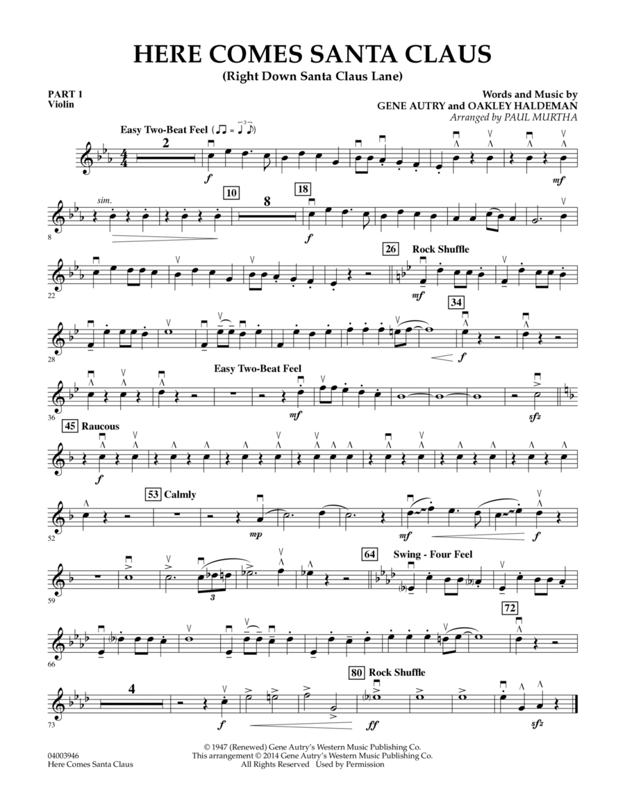 Here Comes Santa Claus (Right Down Santa Claus Lane) - Pt.1 - Violin Concert Band scores gallery preview page 1