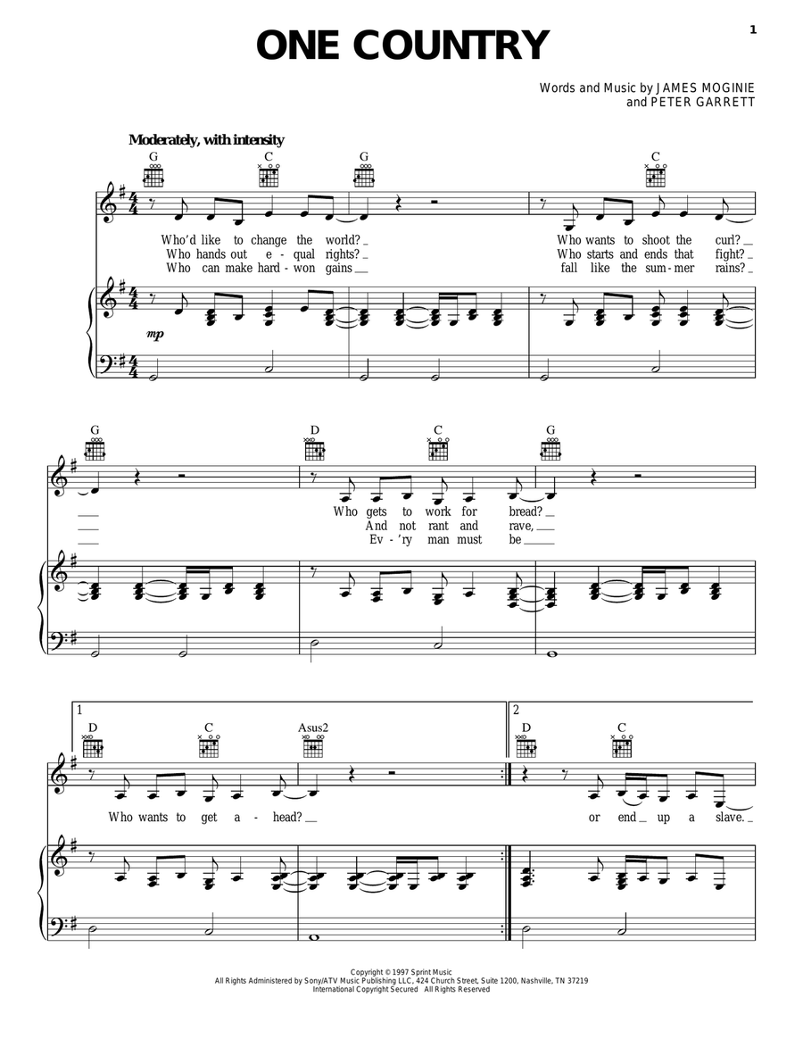 One Country One Country Piano, Vocal, Guitar scores gallery preview page 1