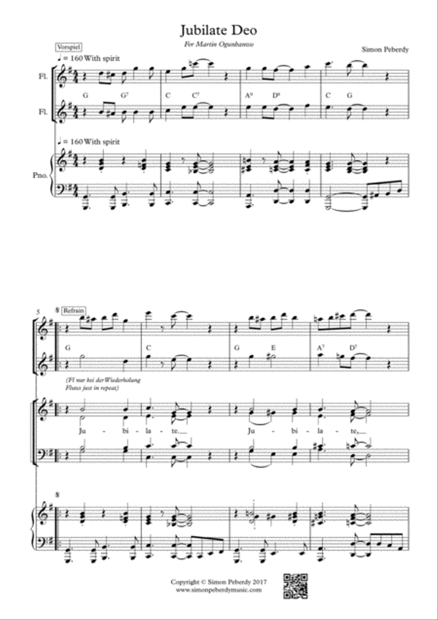 Jubilate Deo, rhythmical gospel setting for SATB, piano and optional 2 flutes