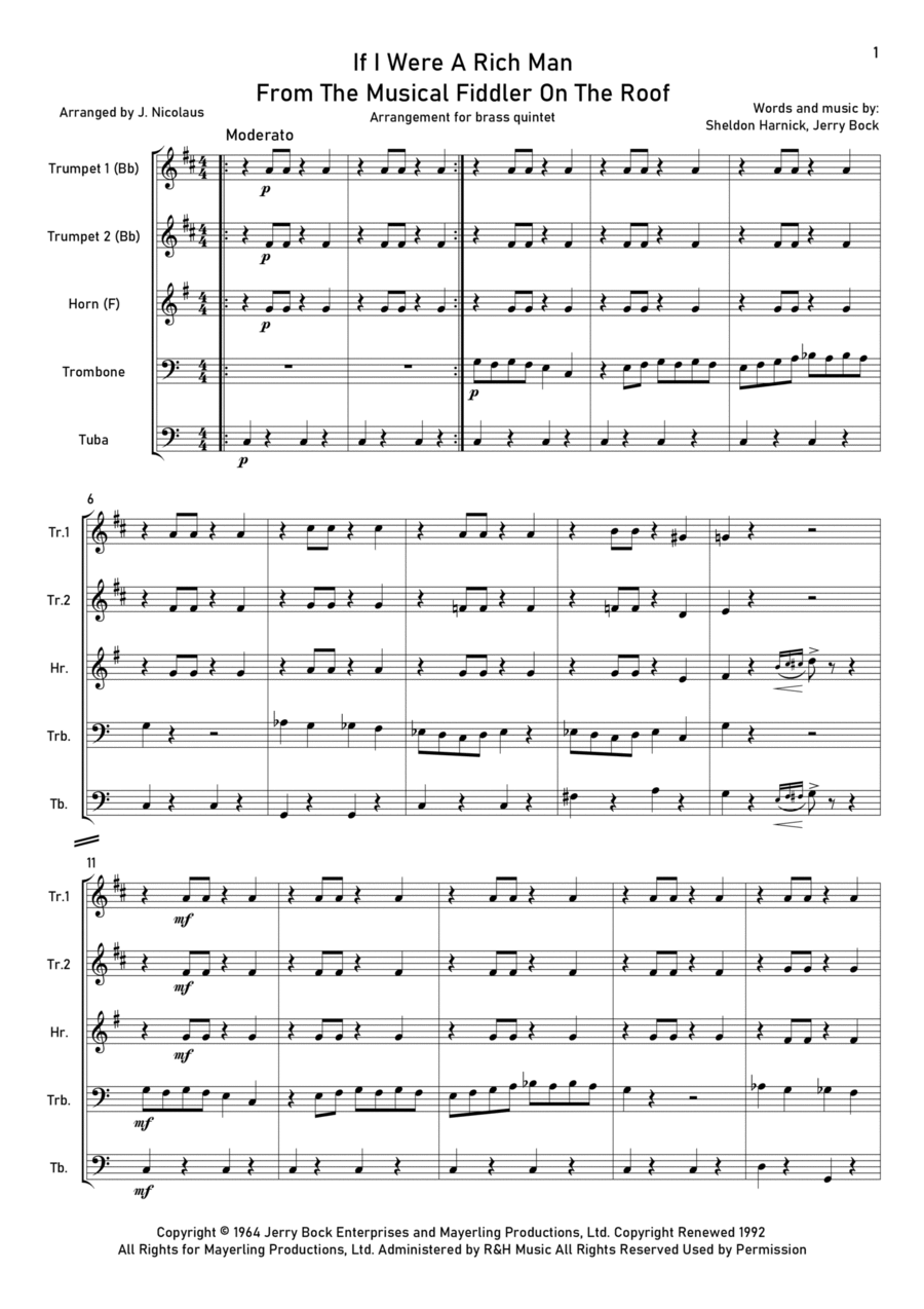 If I Were A Rich Man Brass Quintet scores gallery preview page 1