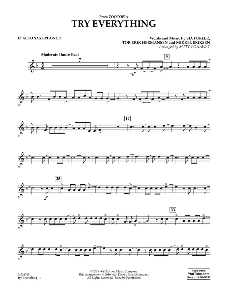 Try Everything (from Zootopia) - Eb Alto Saxophone 2 Alto Saxophone scores gallery preview page 1