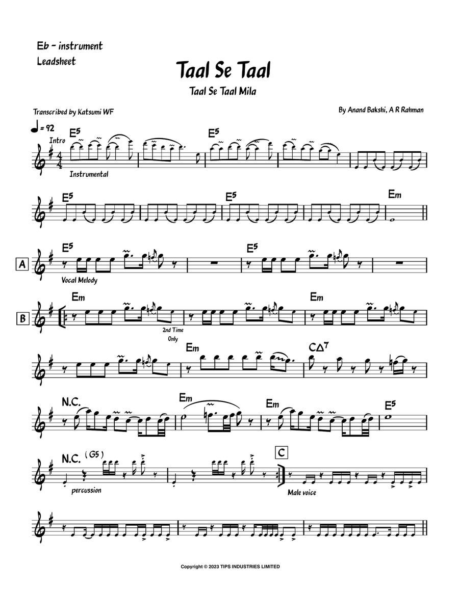 Taal Se Taal Taal Se Taal Alto Saxophone scores gallery preview page 1