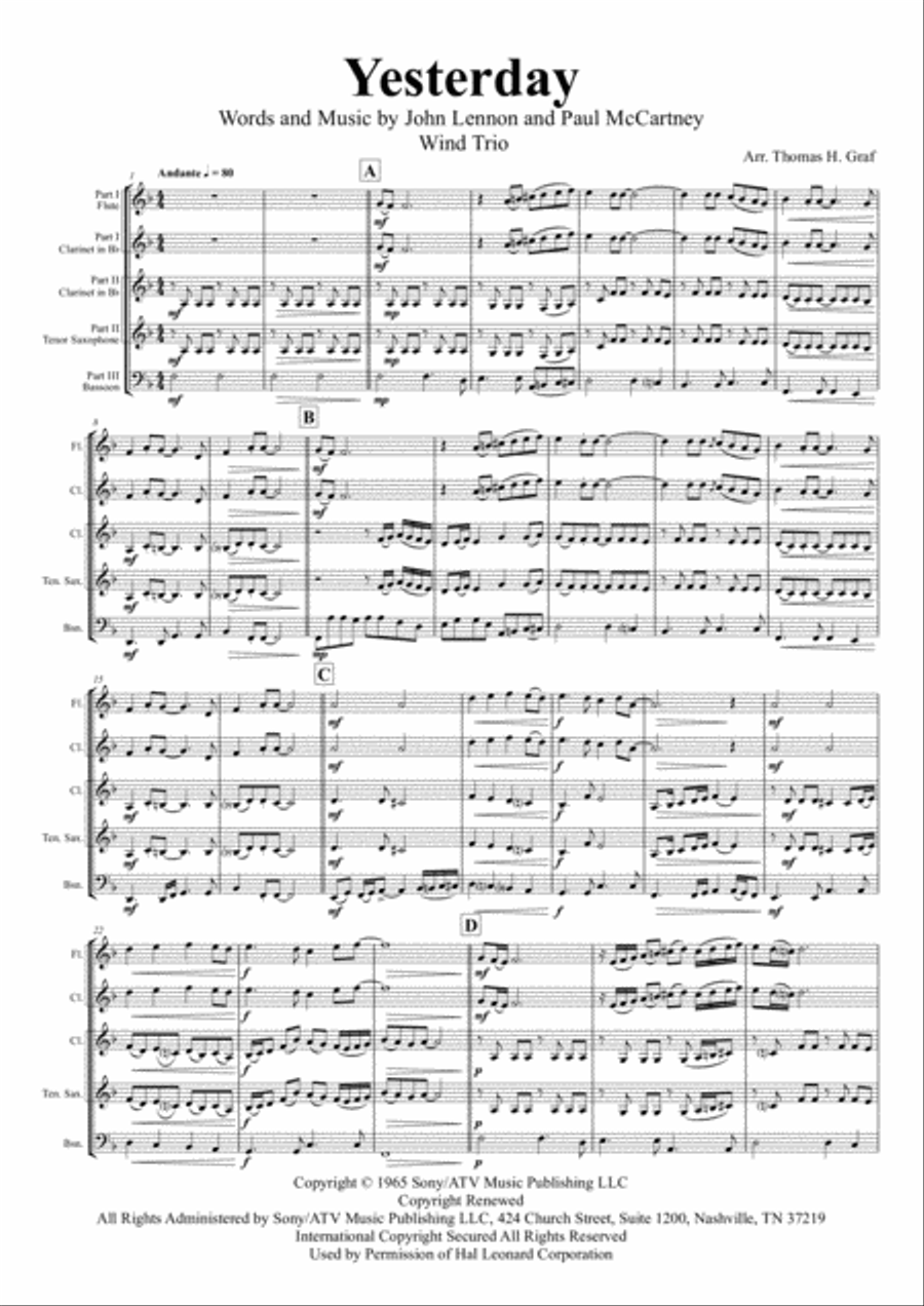 Yesterday Woodwind Trio scores gallery preview page 1