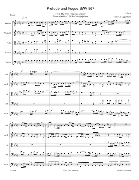 Bach: Prelude and Fugue BWV 867 transcribed for 2 Cellos String Quintet image number null