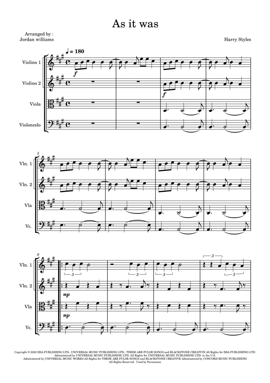 As It Was As It Was String Quartet scores gallery preview page 1