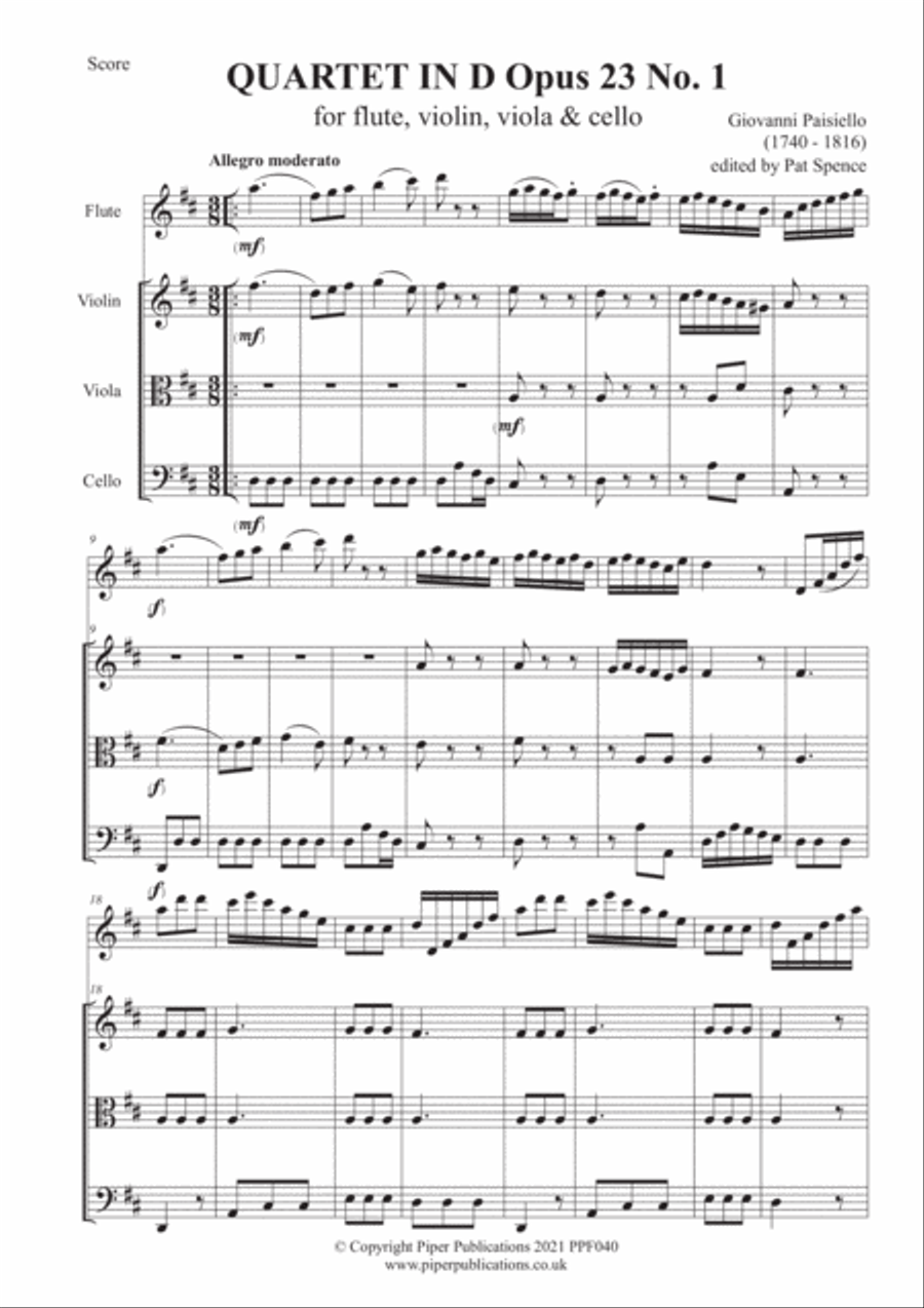 PAISIELLO QUARTET IN D MAJOR OPUS 23 No. 1 for flute, violin, viola & cello Small Ensemble scores gallery preview page 2