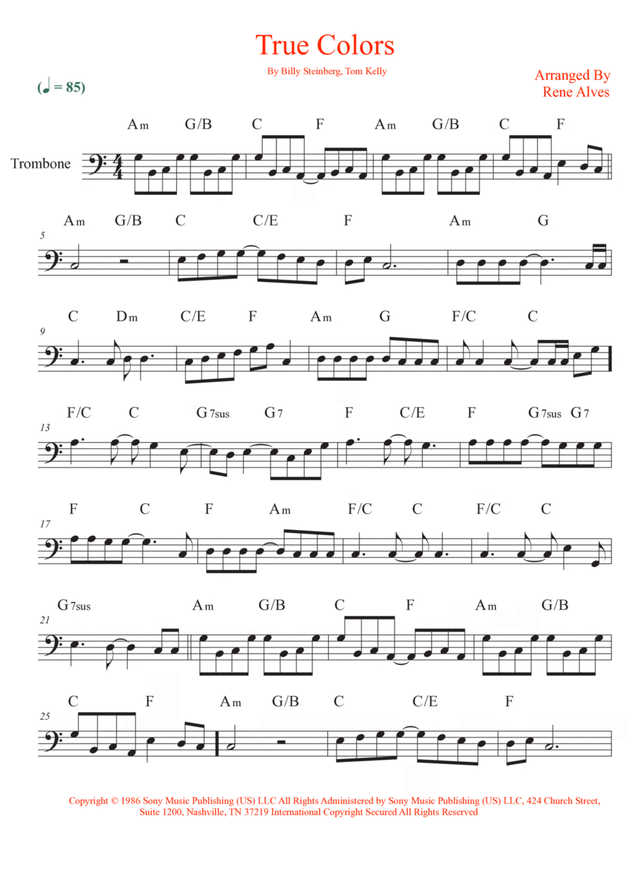 True Colors Trombone Solo scores gallery preview page 1