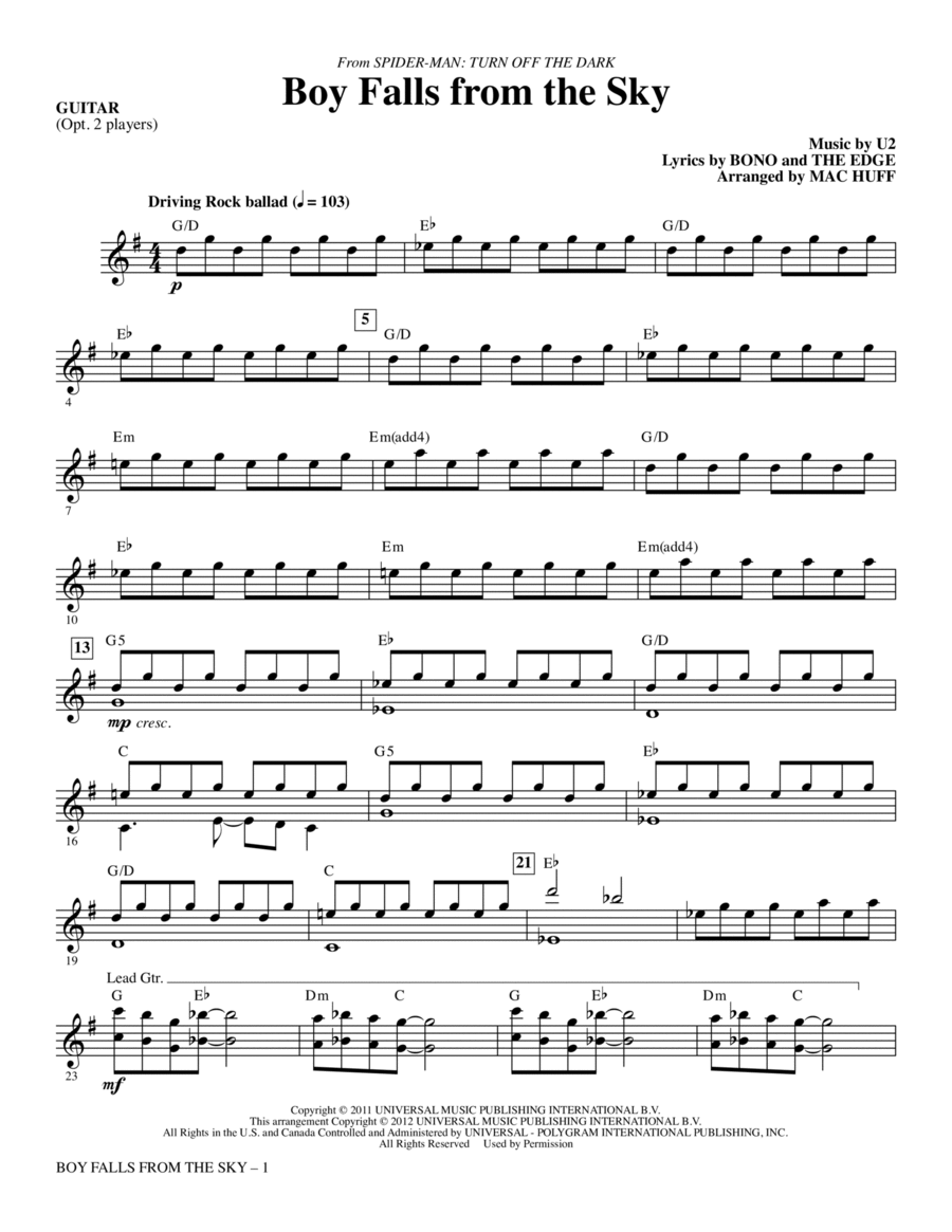 Boy Falls From The Sky (from Spider-Man: Turn Off the Dark) - Guitar Choir scores gallery preview page 1