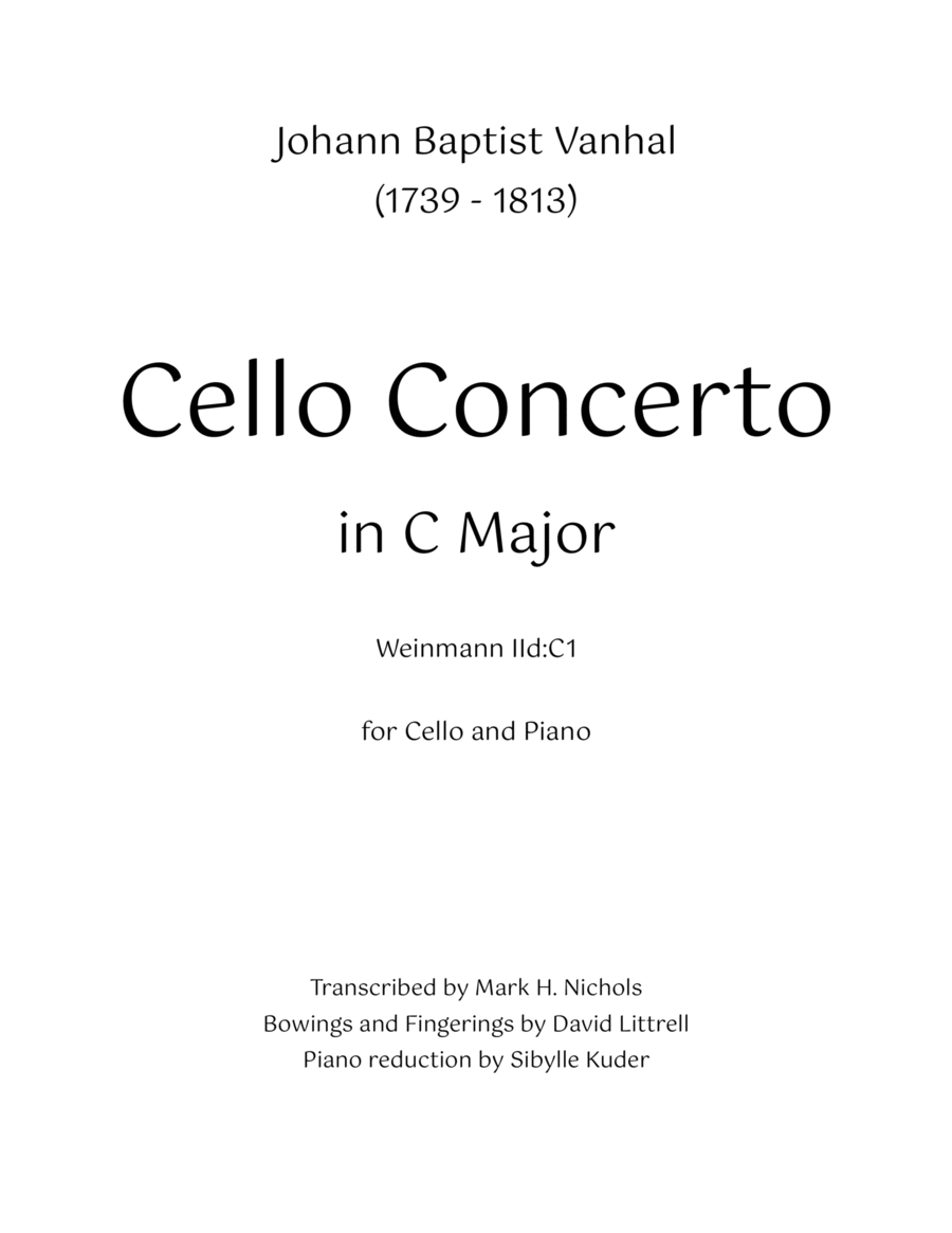 Vanhal Cello Concerto in C Major Piano scores gallery preview page 1