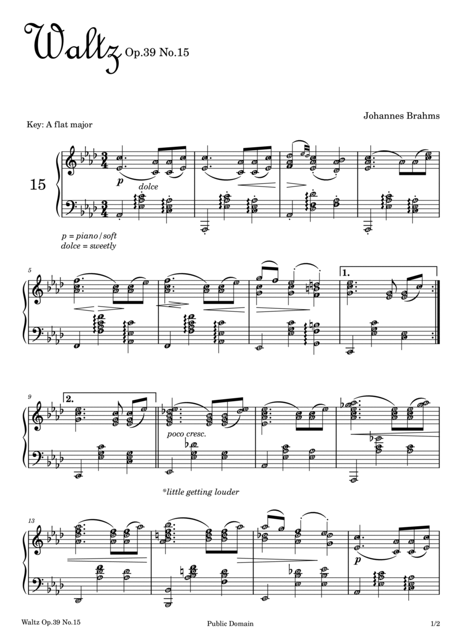 Waltz in A flat Major BRAHMS Op. 39 No. 15 ~ with note names Piano Method scores gallery preview page 1