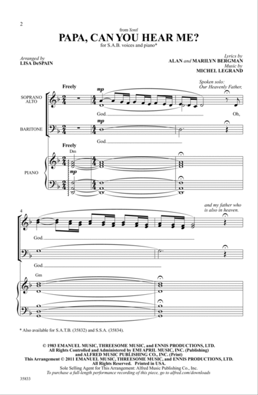 Papa, Can You Hear Me? (from Yentl) 3-Part scores gallery preview page 1