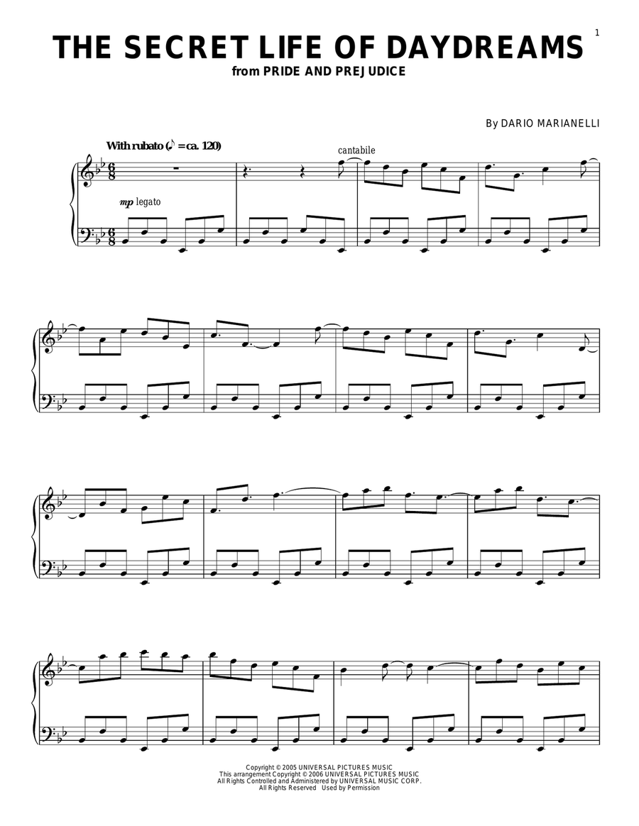 The Secret Life Of Daydreams (from Pride And Prejudice) Piano Solo scores gallery preview page 1