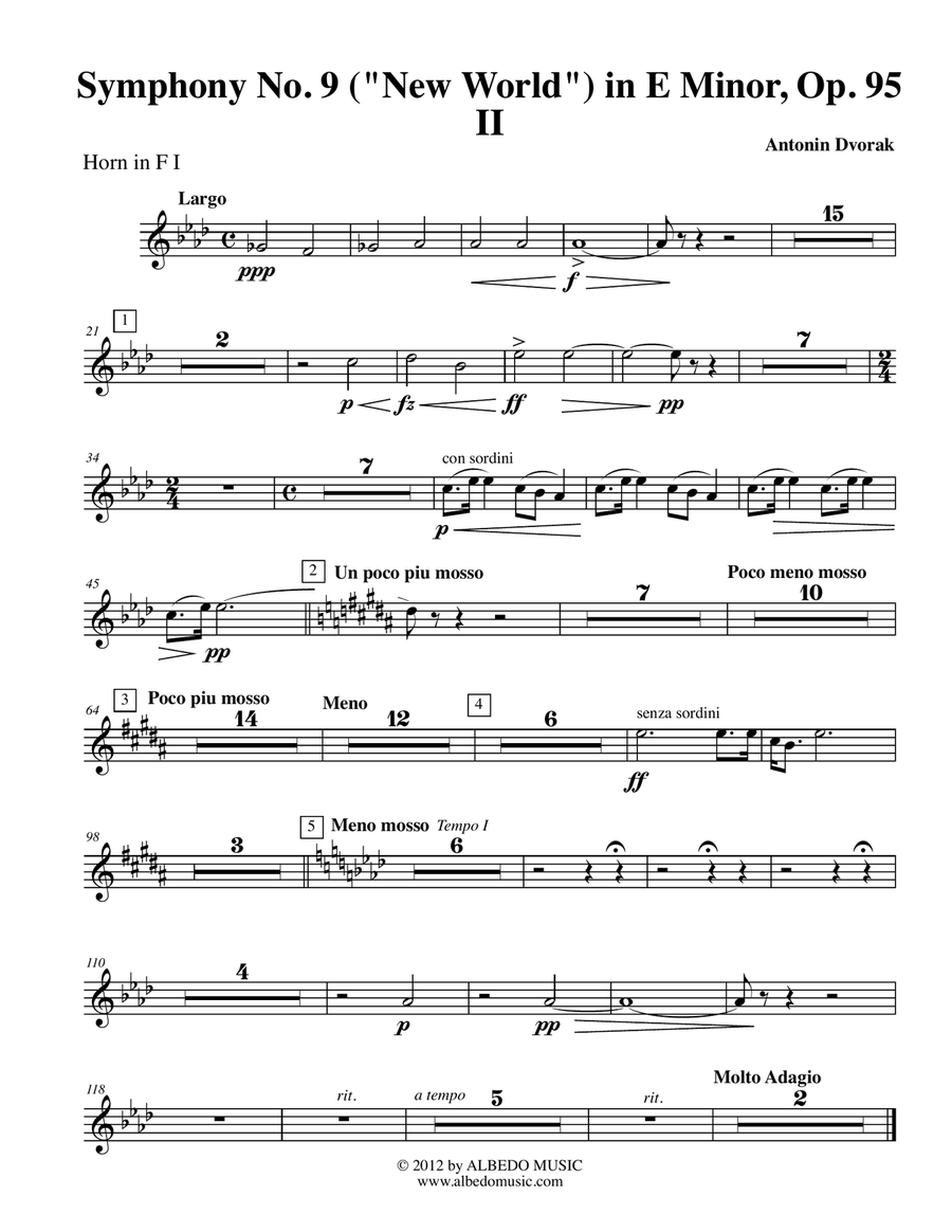 Dvorak Symphony No. 9, New World, Movement II - Horn in F 1 (Transposed Part), Op.95 Horn Solo scores gallery preview page 1