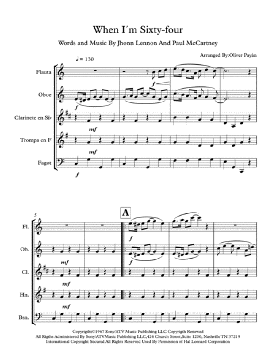 When I'm Sixty-Four Woodwind Quintet scores gallery preview page 1