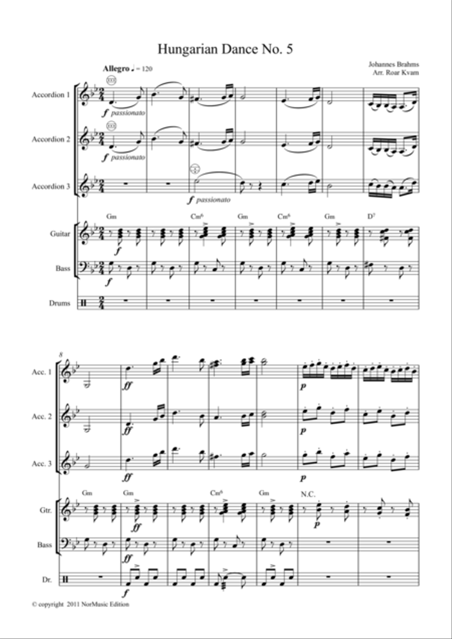 Brahms: Hungarian Dance No. 5 (Accordian Orchestra) Bass Voice scores gallery preview page 1