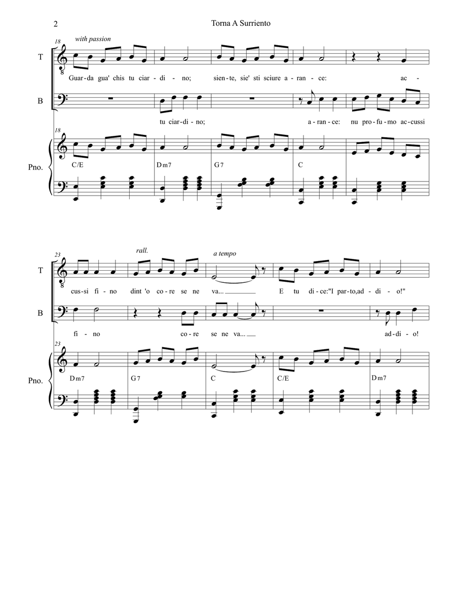 Torna A Surriento (Come Back to Sorrento) (Duet for Tenor and Bass Solo) Bass Voice scores gallery preview page 3