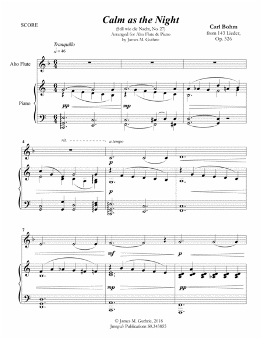 Bohm: Calm as the Night for Alto Flute & Piano Flute Solo scores gallery preview page 1