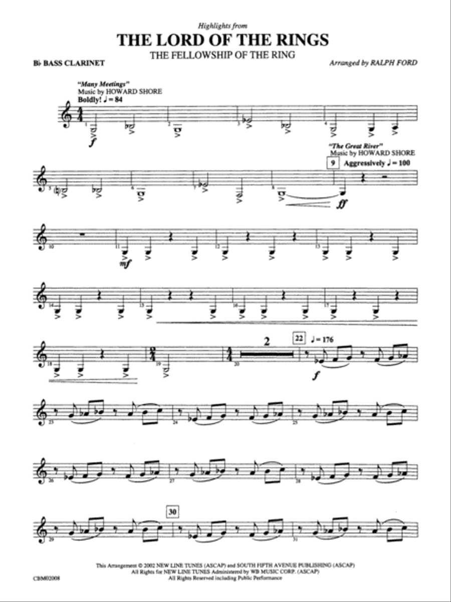The Lord of the Rings: The Fellowship of the Ring, Highlights from: B-flat Bass Clarinet Concert Band scores gallery preview page 1