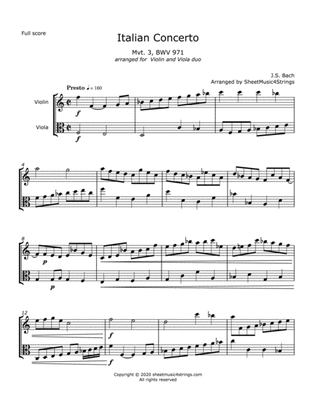 Bach, J.S. - Italian Concerto, Mvt. 3, arranged for Violin and Viola Duo