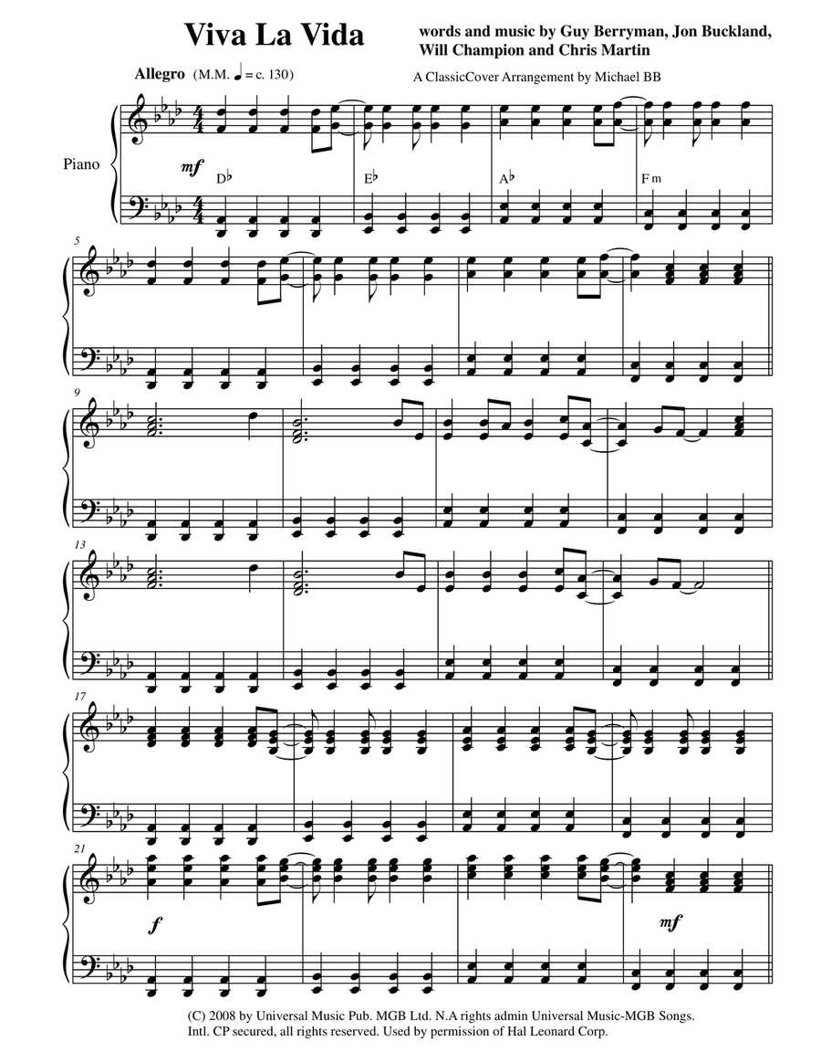 Viva La Vida Piano Solo scores gallery preview page 1