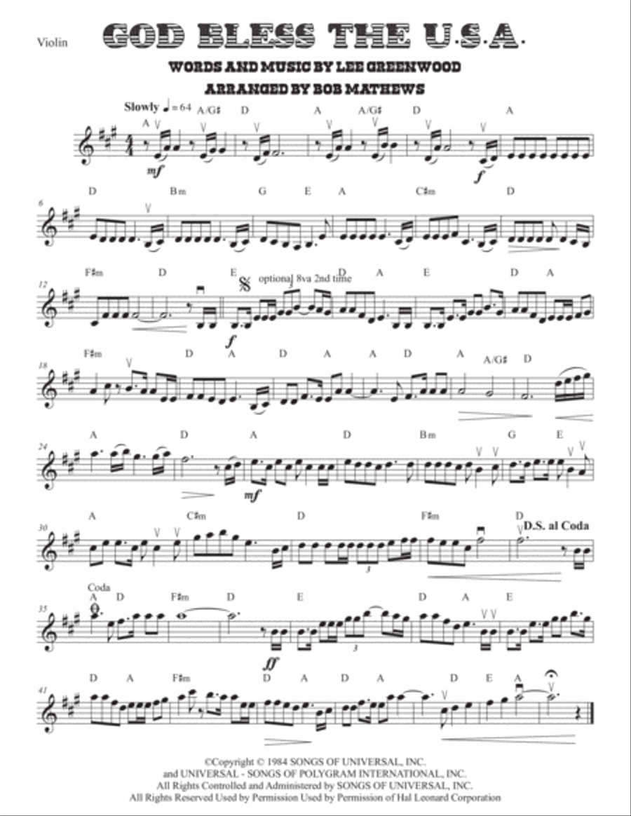 God Bless The U.S.A. Violin Solo scores gallery preview page 1