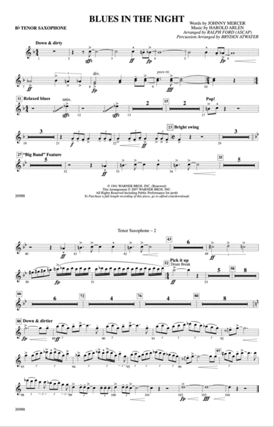 Blues in the Night: B-flat Tenor Saxophone Marching Band scores gallery preview page 1